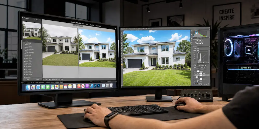 Editor enhancing real estate photos on dual monitors